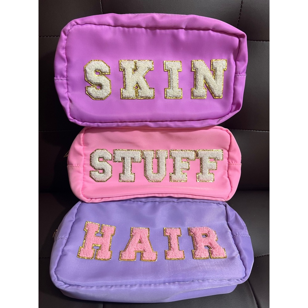 Set of 3 Chenille Letter Nylon Makeup Bags Pink Purple Skin Hair Stuff Travel